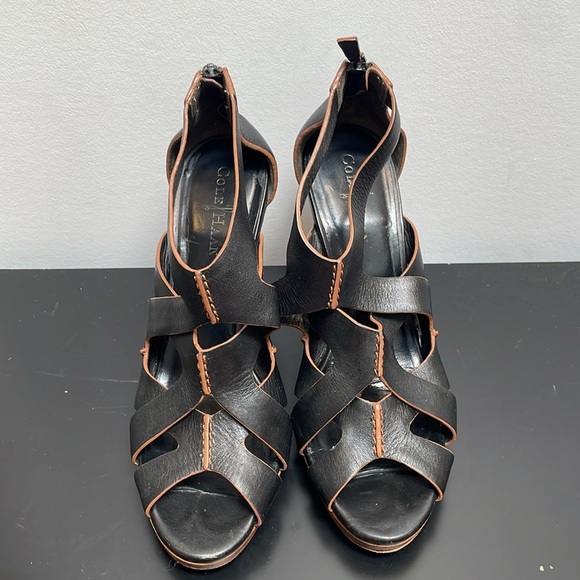 Cole Haan Wedge Heel Sandal Black Leather Open Toe Zipper Gladiator Shoe 9.5 - Picture 4 of 11